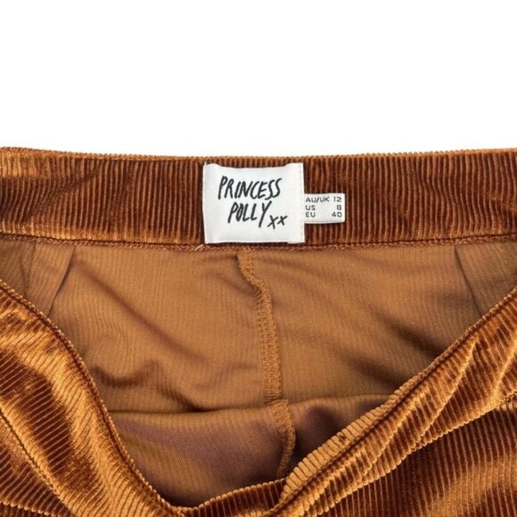 PRINCESS POLLY Velvet Semi Sheer Flare Leg Pants Sz 8 Copper Brown - Picture 4 of 5